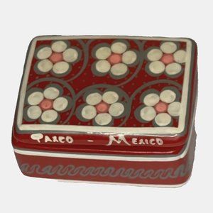 Vintage TAXCO Pottery Mexico Red w Flowers Trinket box with Lid Hand Painted Box